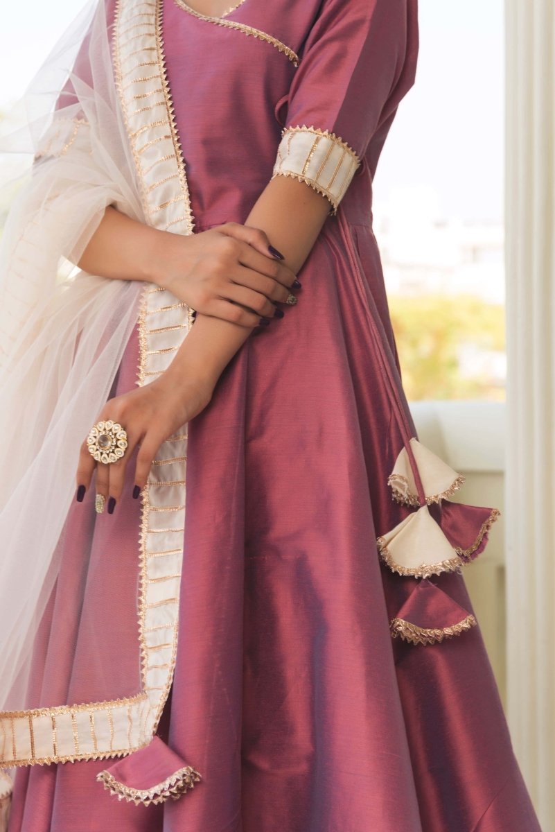 COTTON SILK PURPLE ANGRAKHA WITH PLAZZO AND SOFT NET DUPATTA SET - Pomcha Jaipur