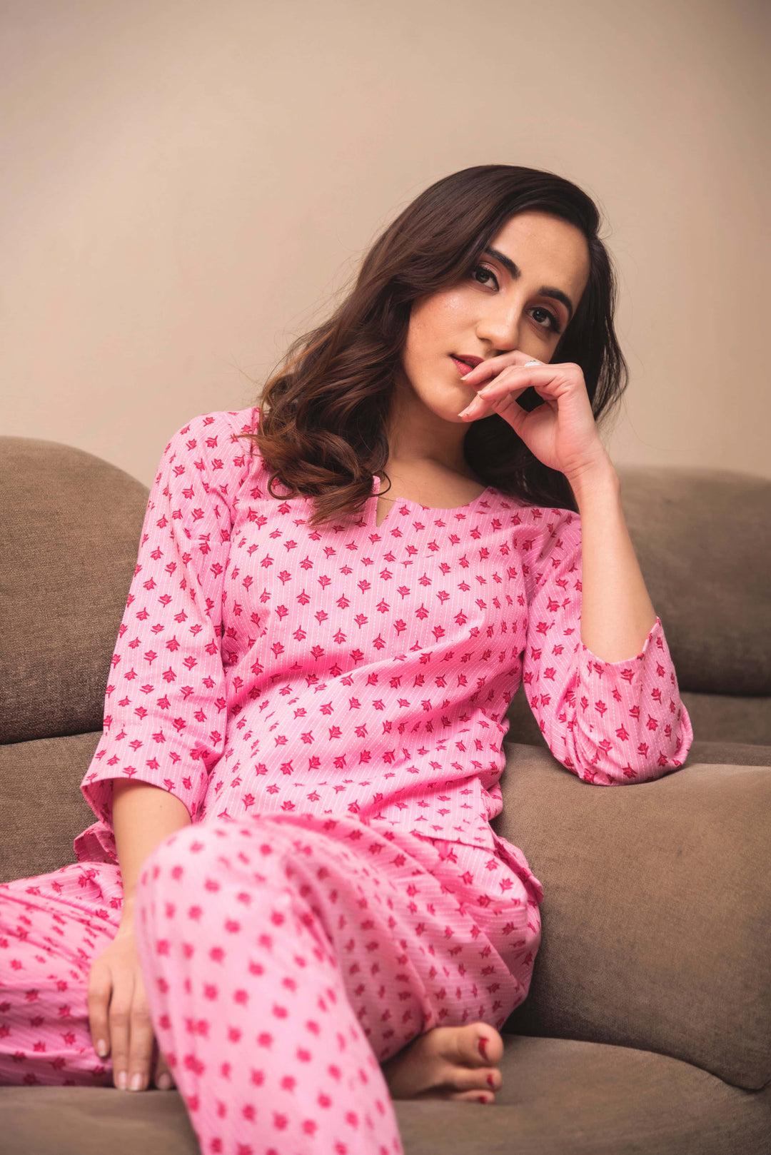 Zinnia Pink Hand Block Print Cotton Night Set - Pomcha Jaipur