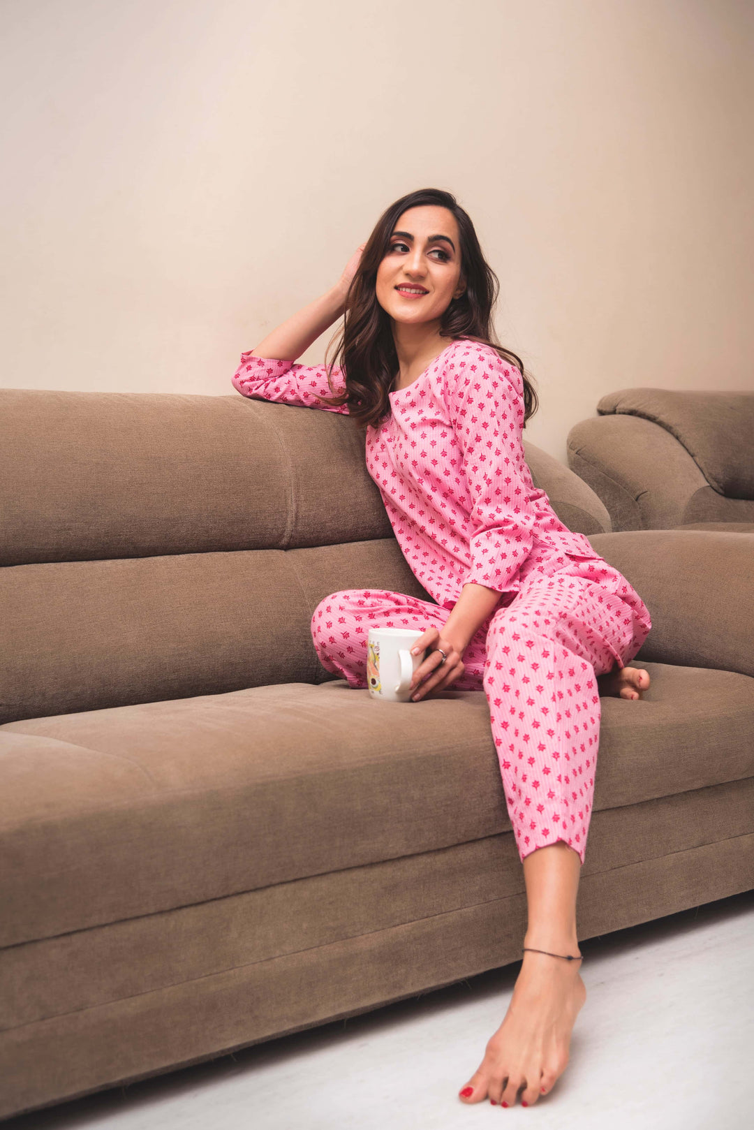 Zinnia Pink Hand Block Print Cotton Night Set - Pomcha Jaipur