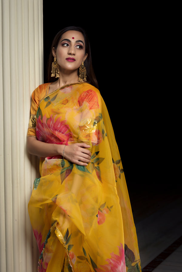 Organza Silk Yellow Saree - Pomcha Jaipur