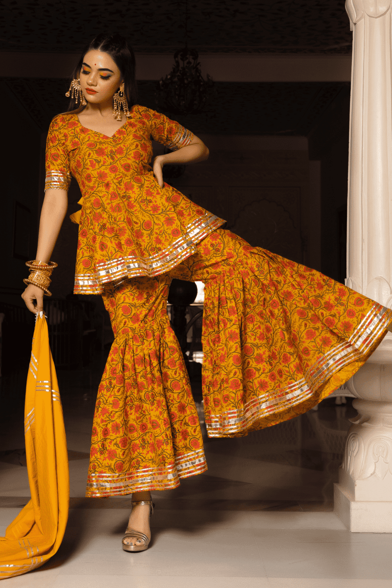 DARPAN MUSTARD YELLOW HAND BLOCK COTTON SHARARA SET - Pomcha Jaipur
