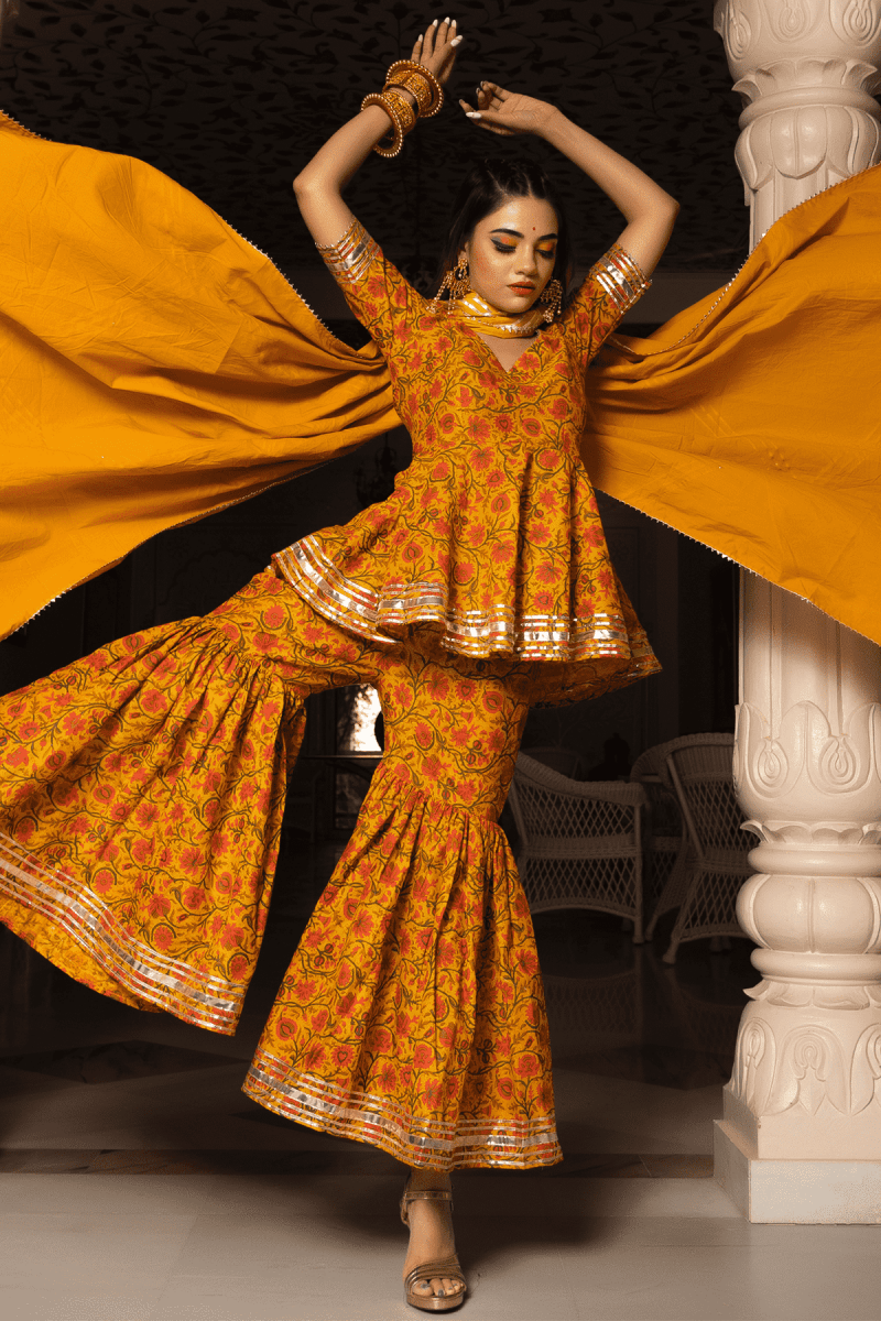 DARPAN MUSTARD YELLOW HAND BLOCK COTTON SHARARA SET - Pomcha Jaipur