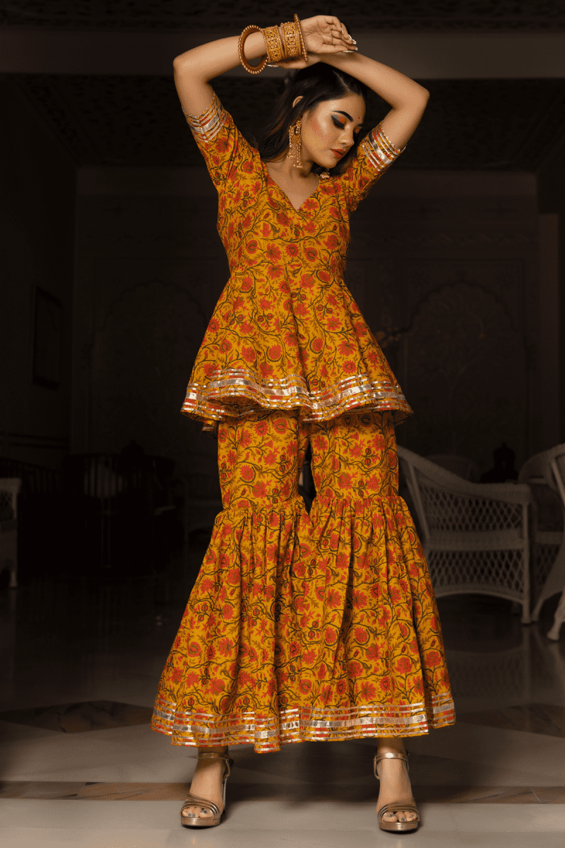 DARPAN MUSTARD YELLOW HAND BLOCK COTTON SHARARA SET - Pomcha Jaipur
