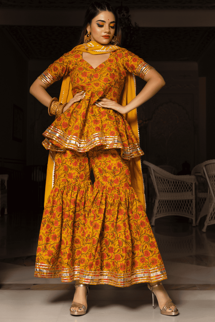 DARPAN MUSTARD YELLOW HAND BLOCK COTTON SHARARA SET - Pomcha Jaipur