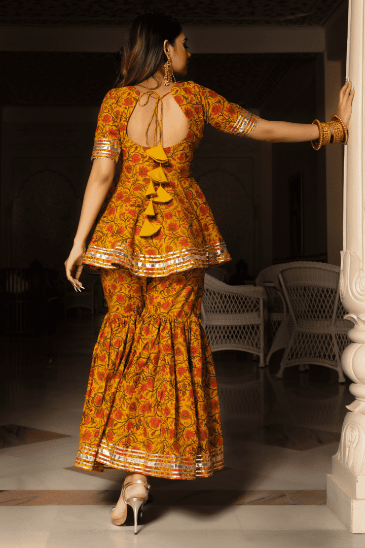 DARPAN MUSTARD YELLOW HAND BLOCK COTTON SHARARA SET - Pomcha Jaipur