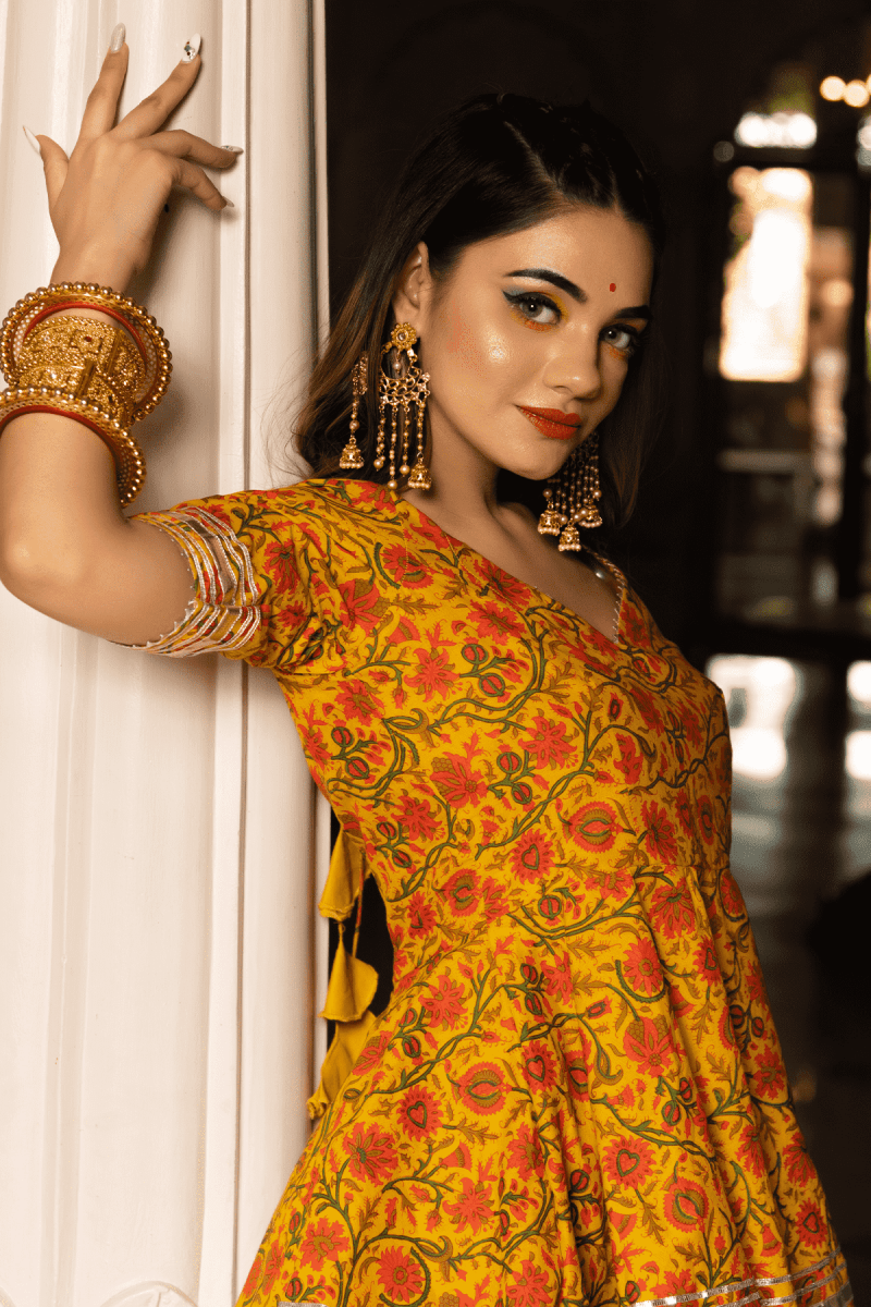 DARPAN MUSTARD YELLOW HAND BLOCK COTTON SHARARA SET - Pomcha Jaipur