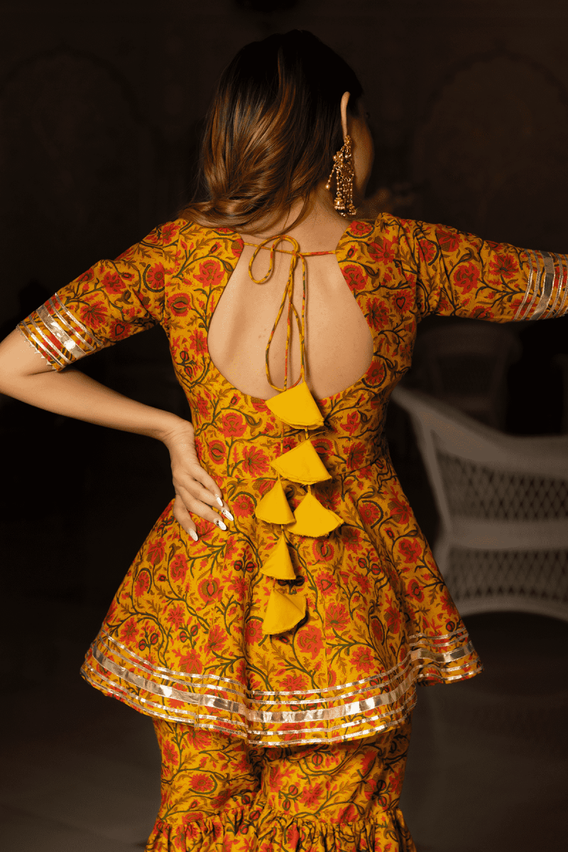 DARPAN MUSTARD YELLOW HAND BLOCK COTTON SHARARA SET - Pomcha Jaipur