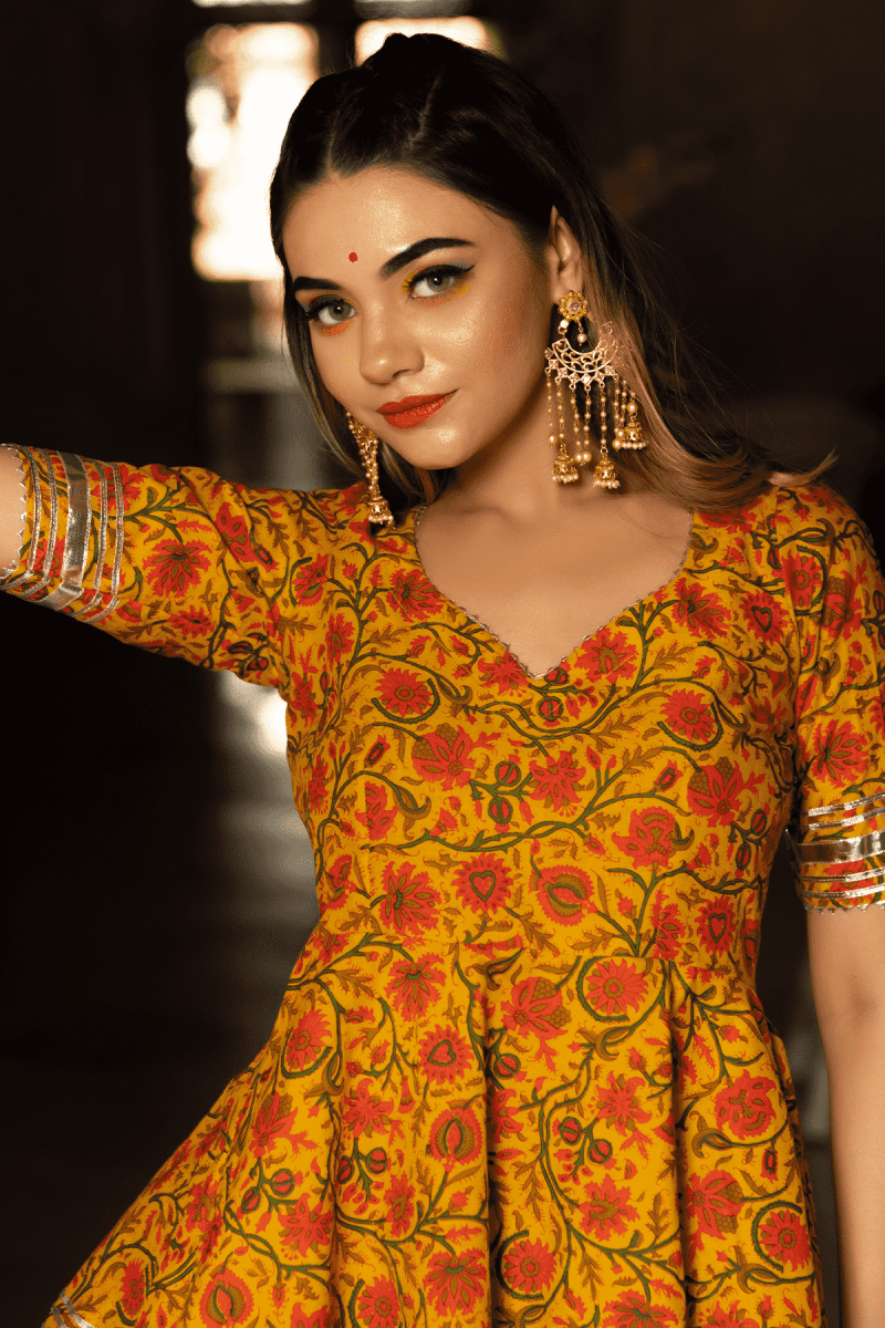 DARPAN MUSTARD YELLOW HAND BLOCK COTTON SHARARA SET - Pomcha Jaipur