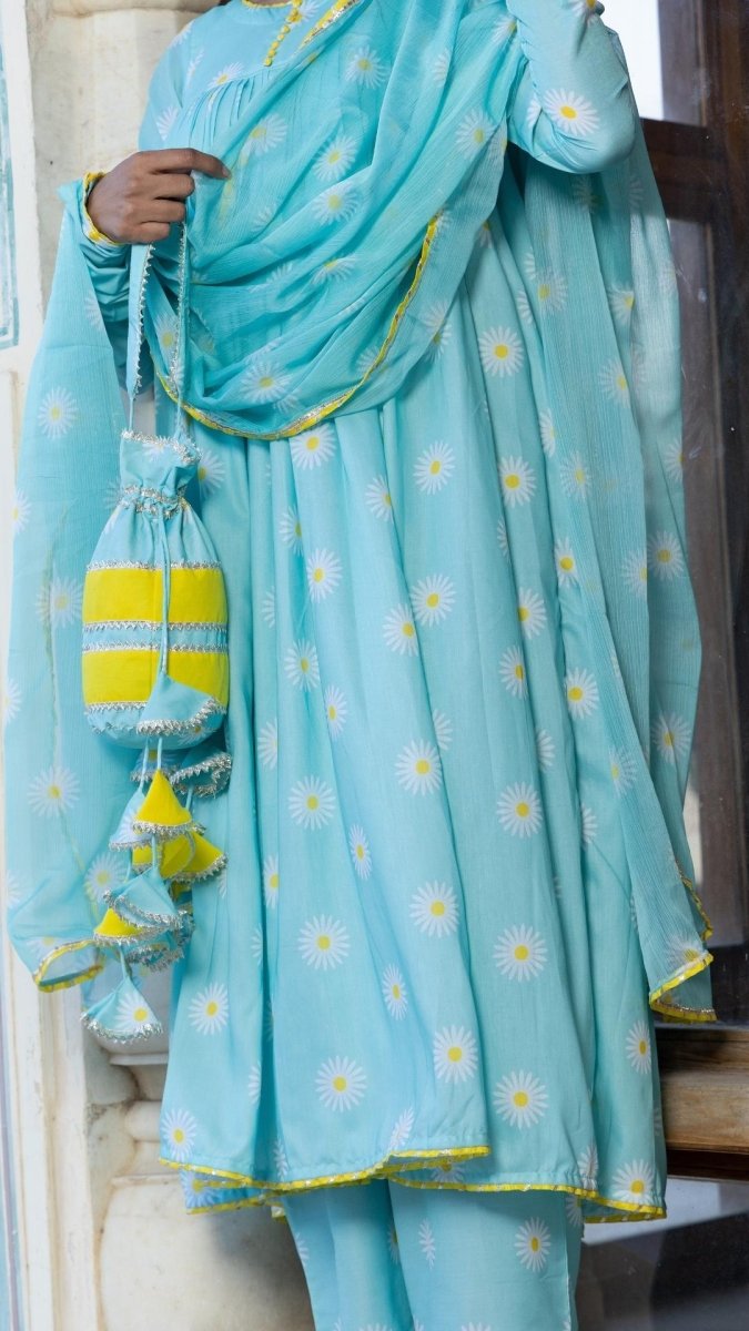 DAYLILLY BLUE MUSLIN ANARKALI SET - Pomcha Jaipur