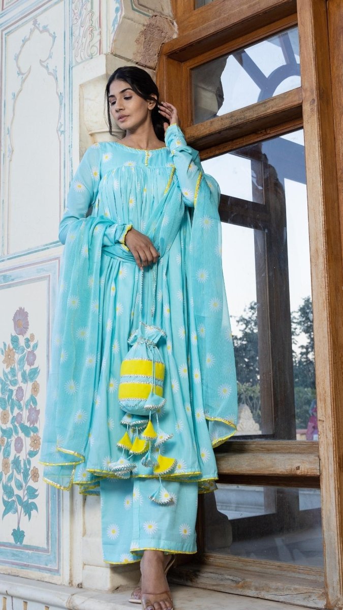 DAYLILLY BLUE MUSLIN ANARKALI SET - Pomcha Jaipur