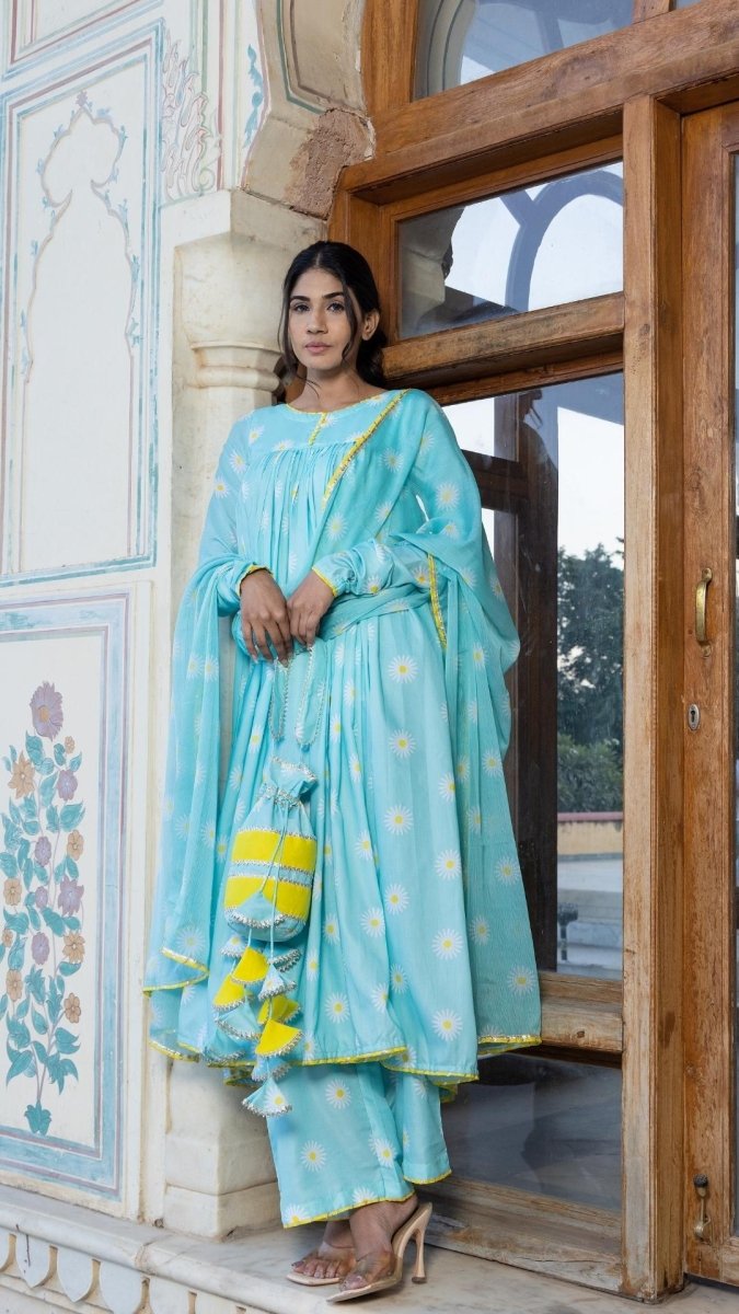 DAYLILLY BLUE MUSLIN ANARKALI SET - Pomcha Jaipur