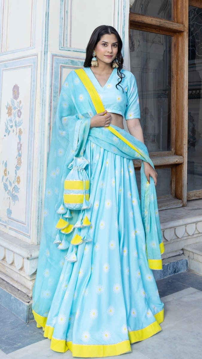 DAYLILLY BLUE MUSLIN LEHENGA SET - Pomcha Jaipur