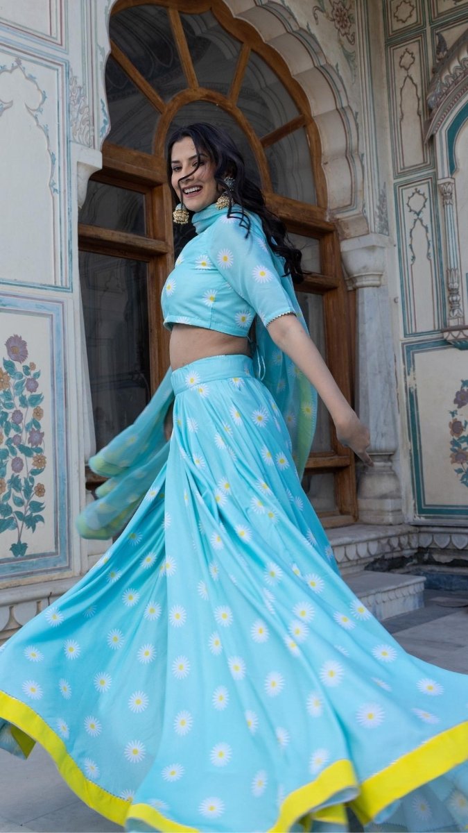 DAYLILLY BLUE MUSLIN LEHENGA SET - Pomcha Jaipur
