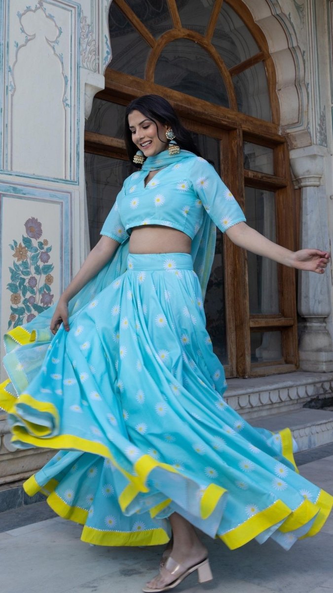 DAYLILLY BLUE MUSLIN LEHENGA SET - Pomcha Jaipur