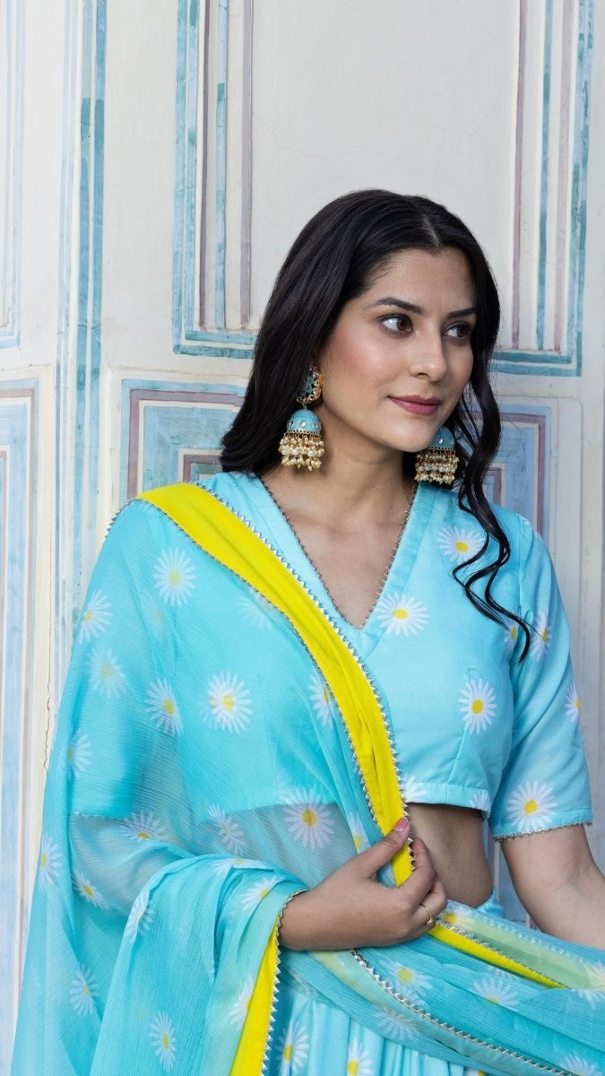 DAYLILLY BLUE MUSLIN LEHENGA SET - Pomcha Jaipur