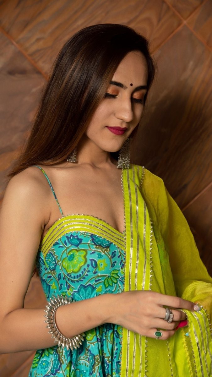 DHARA GREEN HAND BLOCK PURE COTTON ANARKALI SET - Pomcha Jaipur