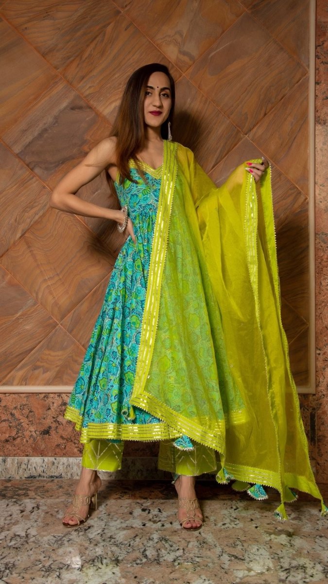DHARA GREEN HAND BLOCK PURE COTTON ANARKALI SET - Pomcha Jaipur