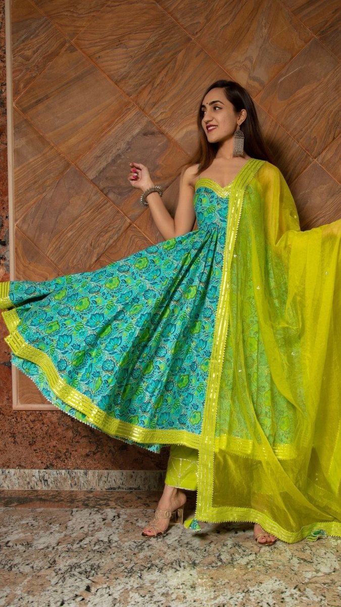 DHARA GREEN HAND BLOCK PURE COTTON ANARKALI SET - Pomcha Jaipur