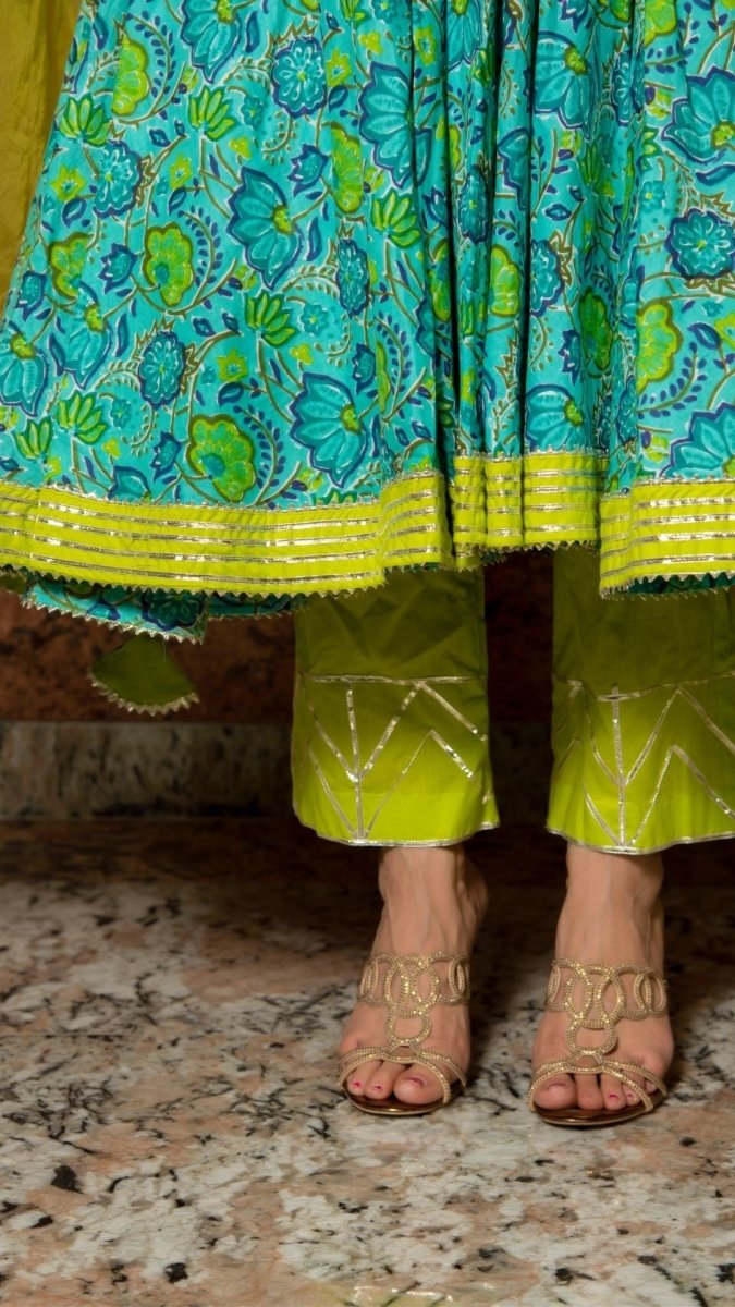 DHARA GREEN HAND BLOCK PURE COTTON ANARKALI SET - Pomcha Jaipur
