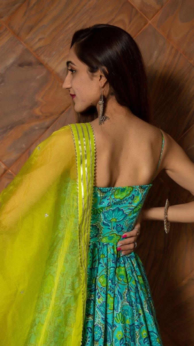 DHARA GREEN HAND BLOCK PURE COTTON ANARKALI SET - Pomcha Jaipur