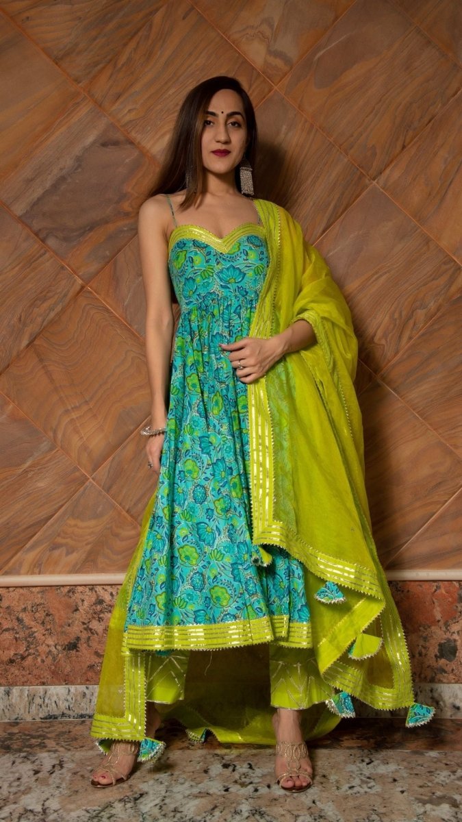 DHARA GREEN HAND BLOCK PURE COTTON ANARKALI SET - Pomcha Jaipur