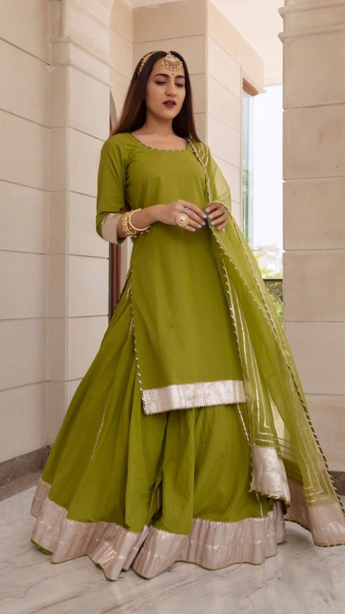 FALGUNI GREEN LONG KURTA SKIRT SET - Pomcha Jaipur