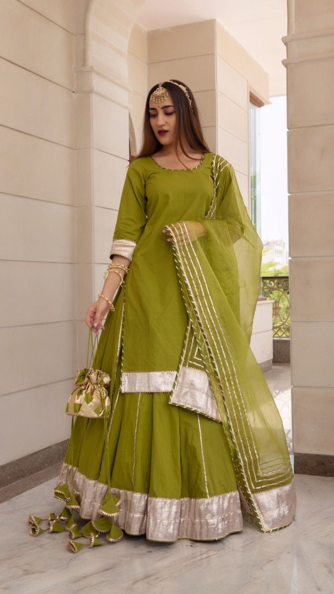 FALGUNI GREEN LONG KURTA SKIRT SET - Pomcha Jaipur