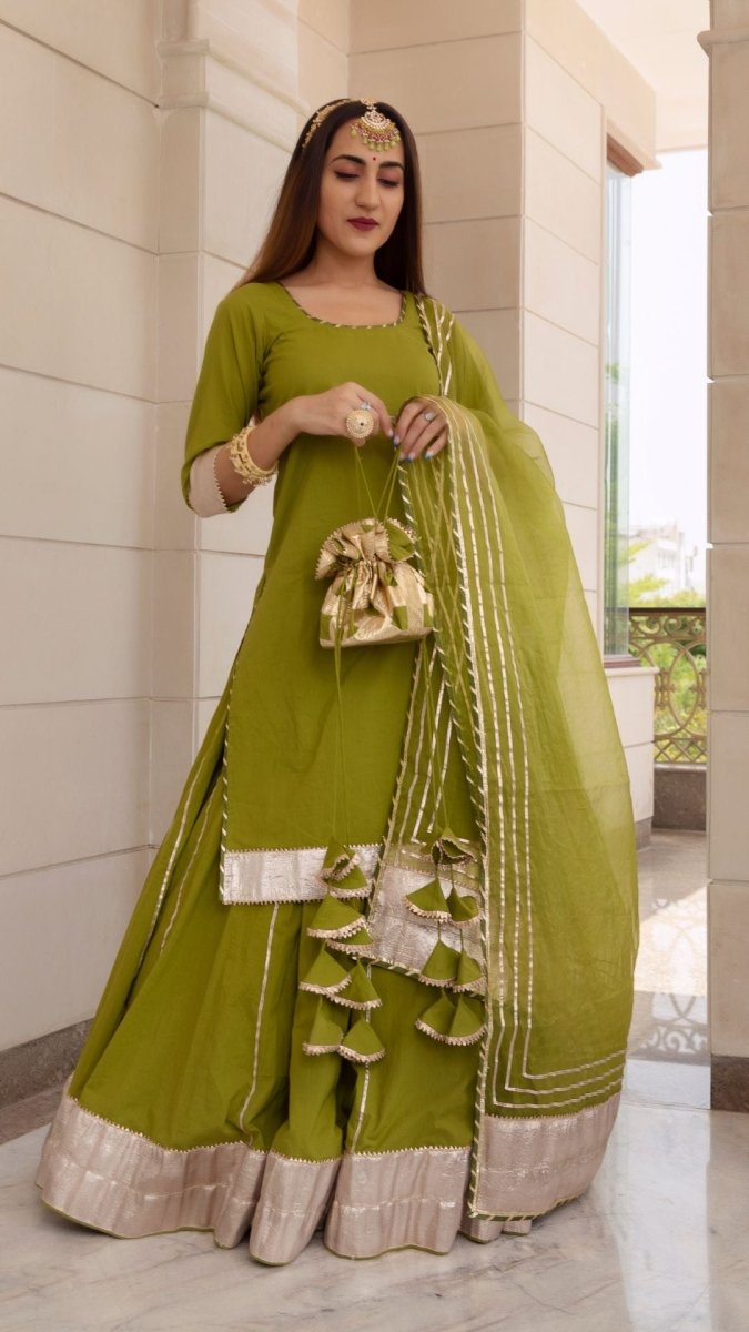 FALGUNI GREEN LONG KURTA SKIRT SET - Pomcha Jaipur