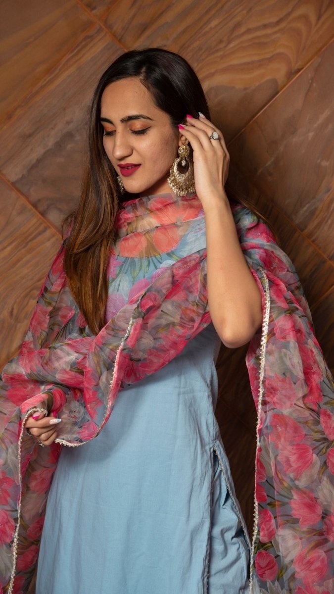 FIZA PURE COTTON SUIT SET WITH DIGITAL PRINT ORGANZA DUPATTA - Pomcha Jaipur