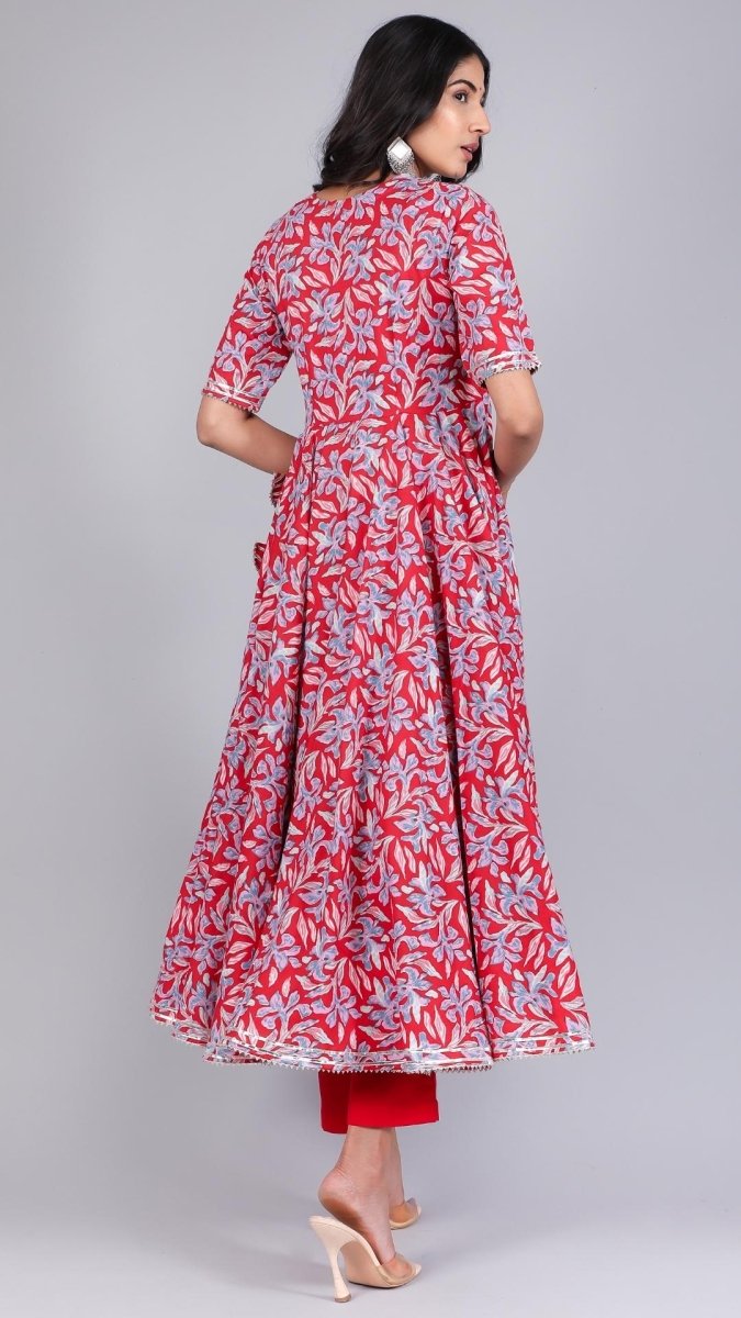 FIZA RED COTTON ANGRAKHA SET - Pomcha Jaipur