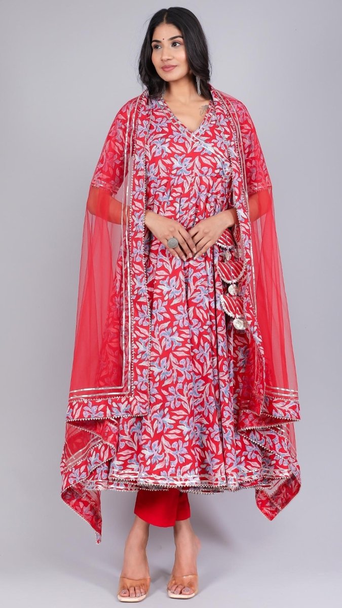 FIZA RED COTTON ANGRAKHA SET - Pomcha Jaipur