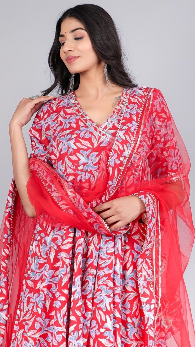 FIZA RED COTTON ANGRAKHA SET - Pomcha Jaipur