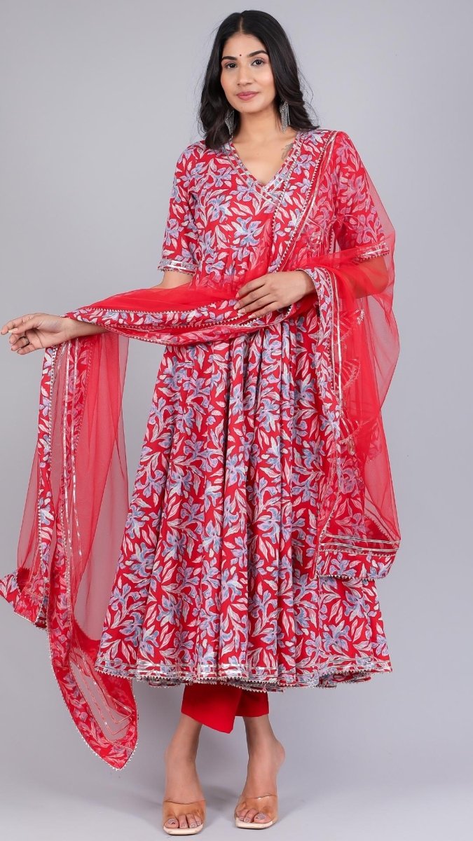 FIZA RED COTTON ANGRAKHA SET - Pomcha Jaipur