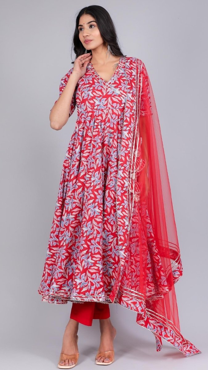 FIZA RED COTTON ANGRAKHA SET - Pomcha Jaipur