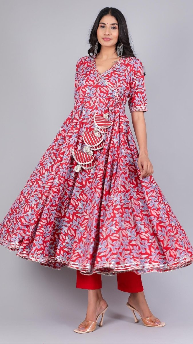 FIZA RED COTTON ANGRAKHA SET - Pomcha Jaipur