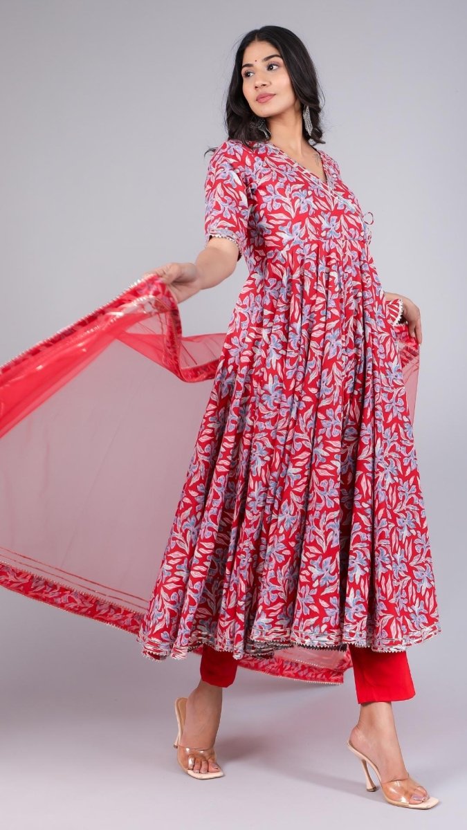 FIZA RED COTTON ANGRAKHA SET - Pomcha Jaipur