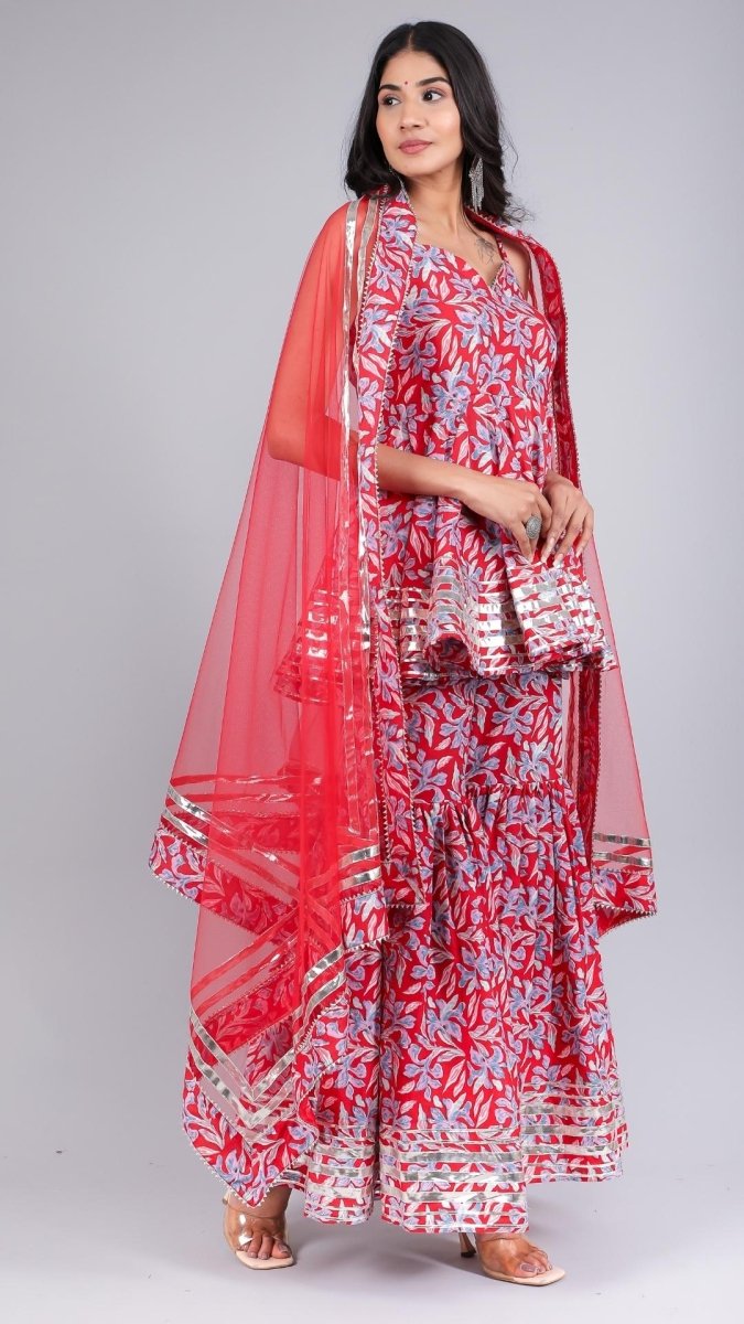 FIZA RED COTTON SHARARA SET - Pomcha Jaipur