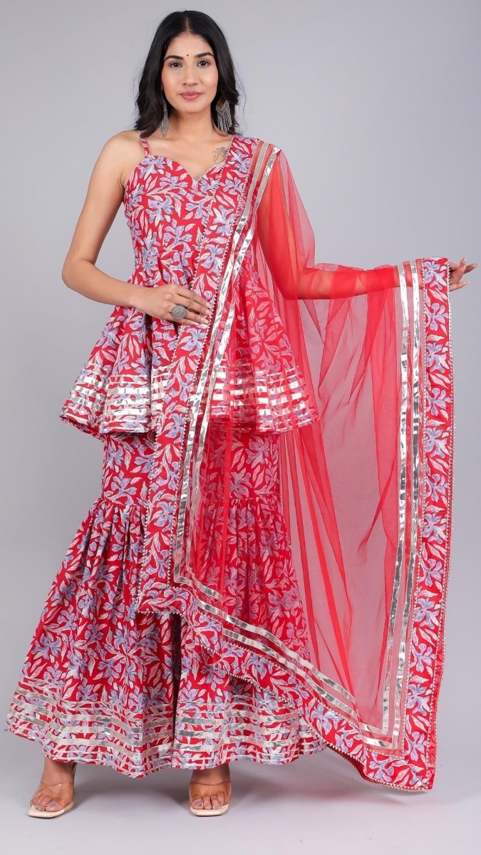 FIZA RED COTTON SHARARA SET - Pomcha Jaipur