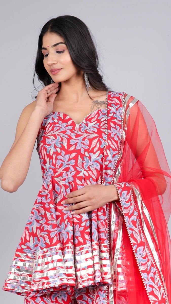 FIZA RED COTTON SHARARA SET - Pomcha Jaipur