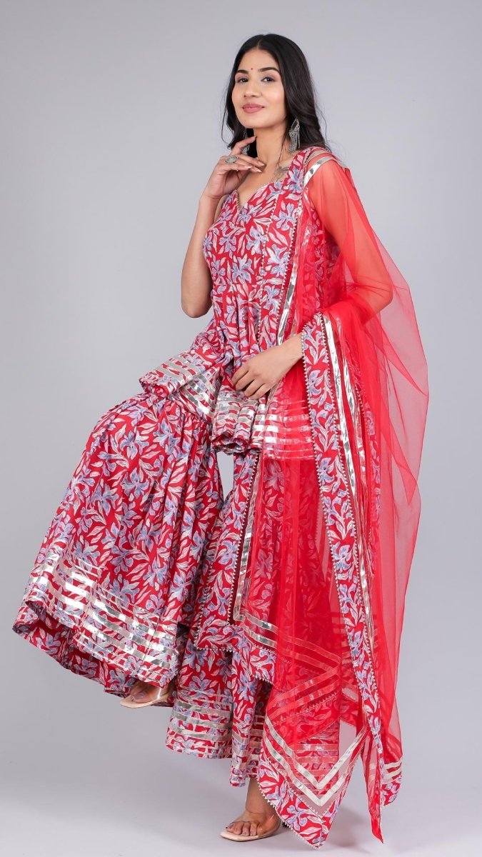 FIZA RED COTTON SHARARA SET - Pomcha Jaipur