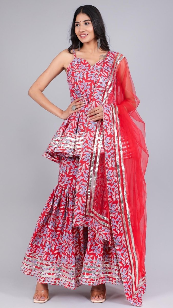 FIZA RED COTTON SHARARA SET - Pomcha Jaipur