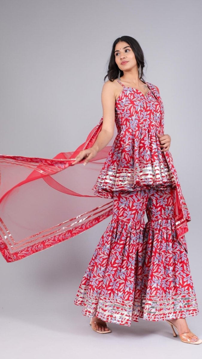 FIZA RED COTTON SHARARA SET - Pomcha Jaipur