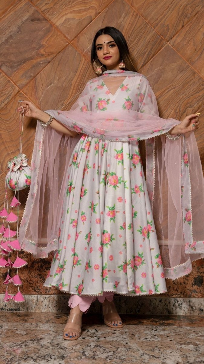 FLAMINGO CHANDERI SILK ANARKALI SET WITH SOFT NET DUPATTA - Pomcha Jaipur