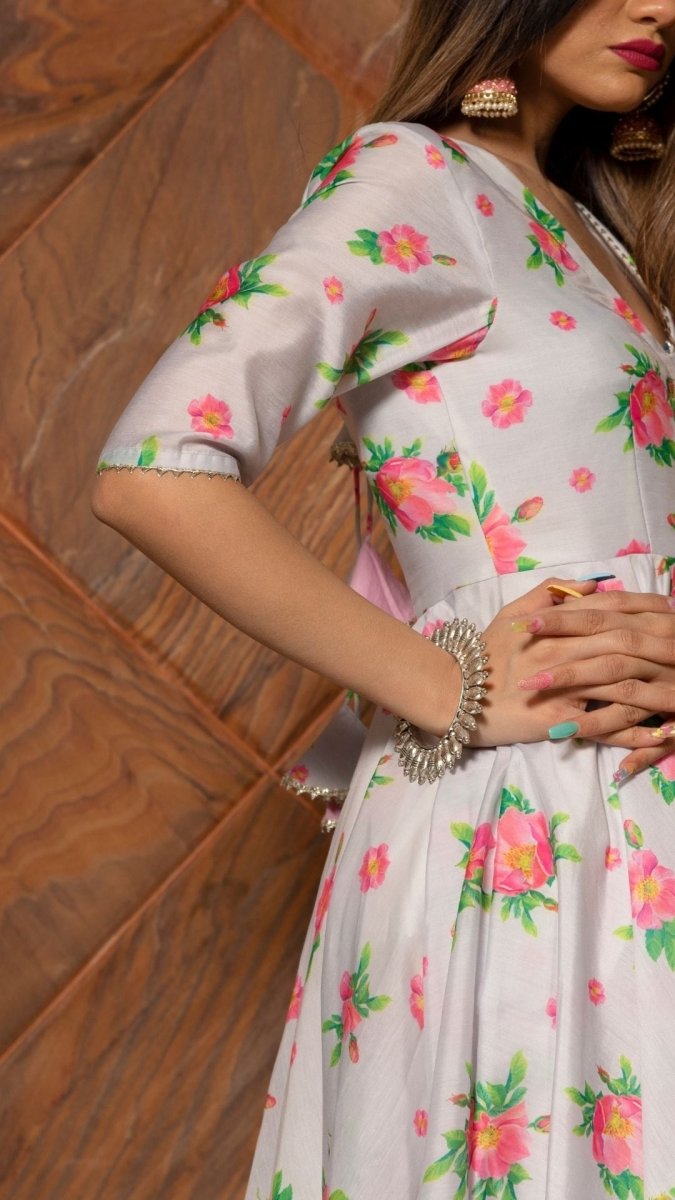 FLAMINGO CHANDERI SILK ANARKALI SET WITH SOFT NET DUPATTA - Pomcha Jaipur