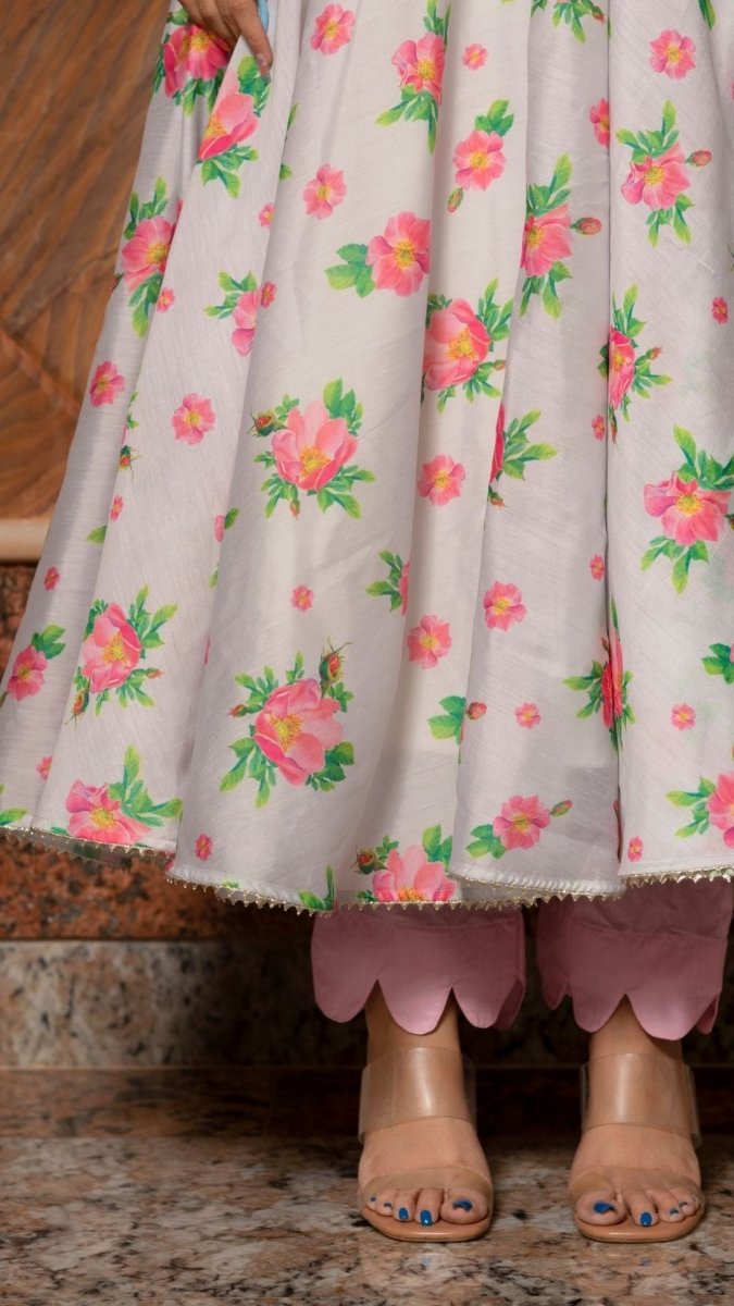 FLAMINGO CHANDERI SILK ANARKALI SET WITH SOFT NET DUPATTA - Pomcha Jaipur