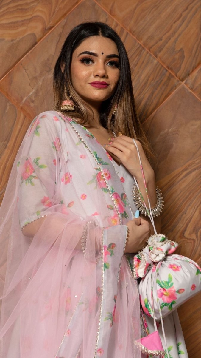 FLAMINGO CHANDERI SILK ANARKALI SET WITH SOFT NET DUPATTA - Pomcha Jaipur