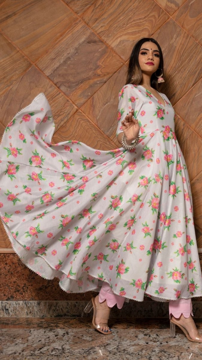 FLAMINGO CHANDERI SILK ANARKALI SET WITH SOFT NET DUPATTA - Pomcha Jaipur