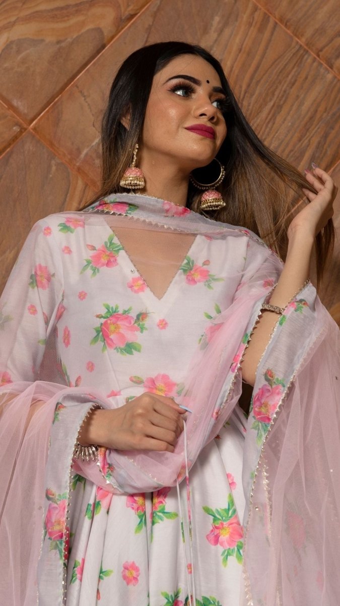 FLAMINGO CHANDERI SILK ANARKALI SET WITH SOFT NET DUPATTA - Pomcha Jaipur