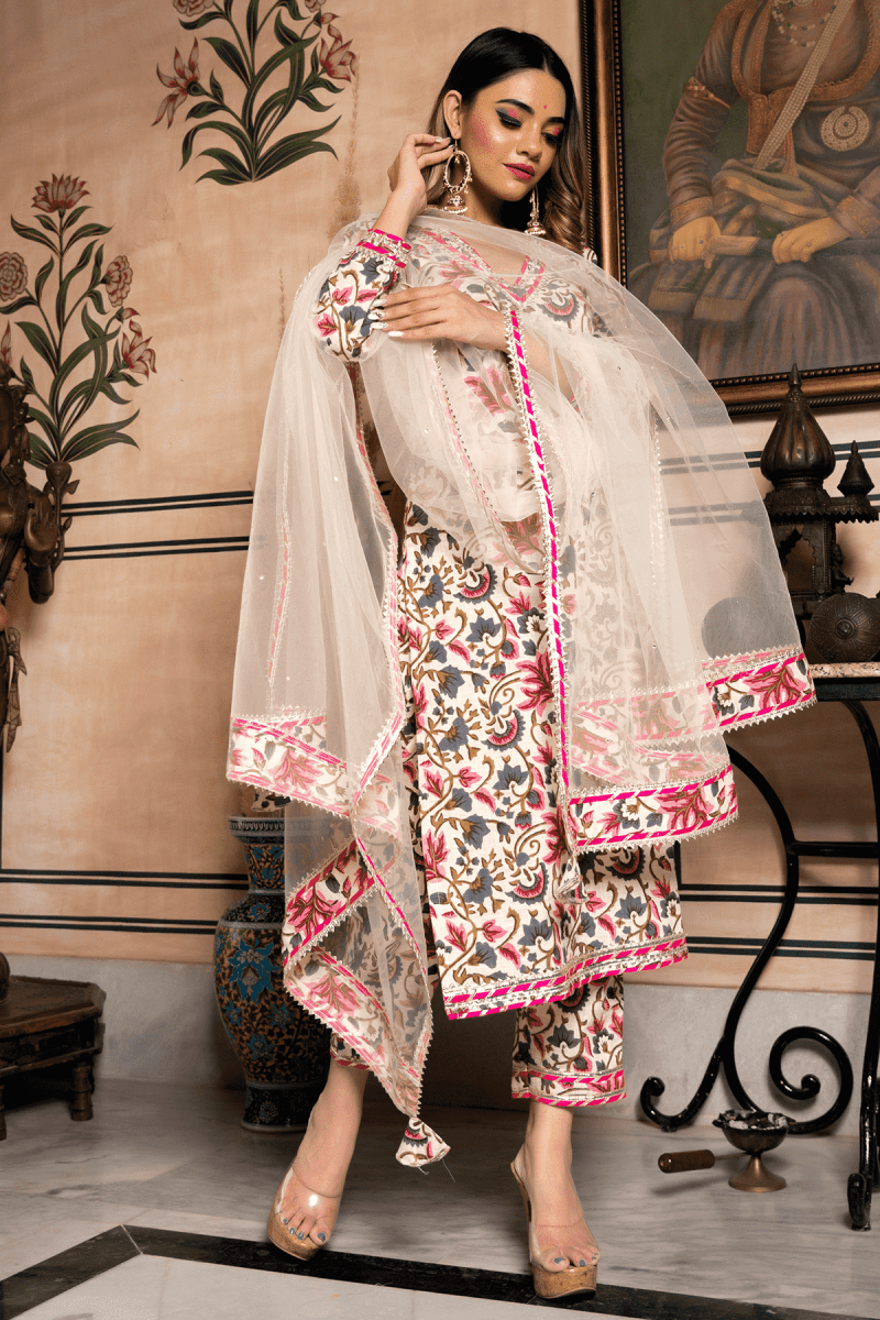 GARDEN ROSE OFF WHITE BLOCK PRINT COTTON SUIT WITH LACE WORK AND SOFT NET DUPATTA SET. - Pomcha Jaipur