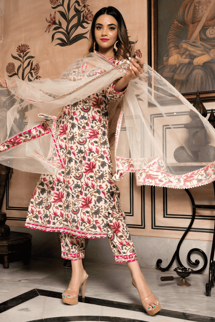 GARDEN ROSE OFF WHITE BLOCK PRINT COTTON SUIT WITH LACE WORK AND SOFT NET DUPATTA SET. - Pomcha Jaipur